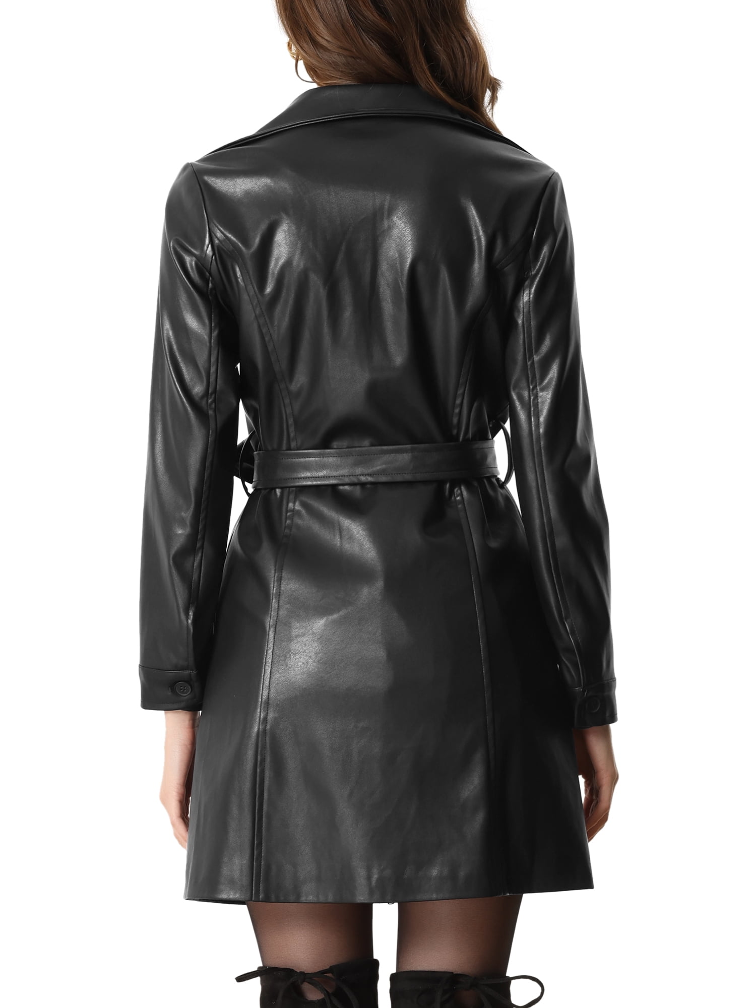 INSPIRE CHIC Faux Leather Coat for Women's Notched Lapel Collar Button Down Steampunk PU Outwear M Black