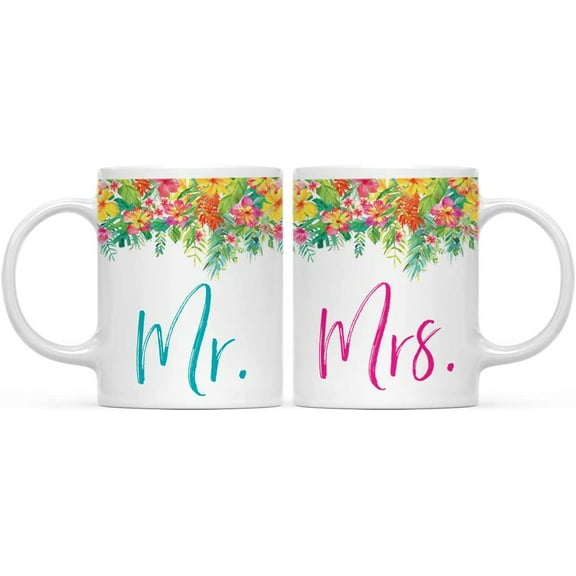 CTDream Lesbian Wedding Party Couple 11oz. Coffee Mug Gift, Mr. and Mrs., Tropical Floral Hibiscus Flowers Garden Party, 2-Pack, Birthday Present Ideas