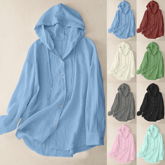 ichuanyi Women's Sun Protection Hoodie Long Sleeve Shirt Solid Color Comfy Loose Regular Button Hooded Top