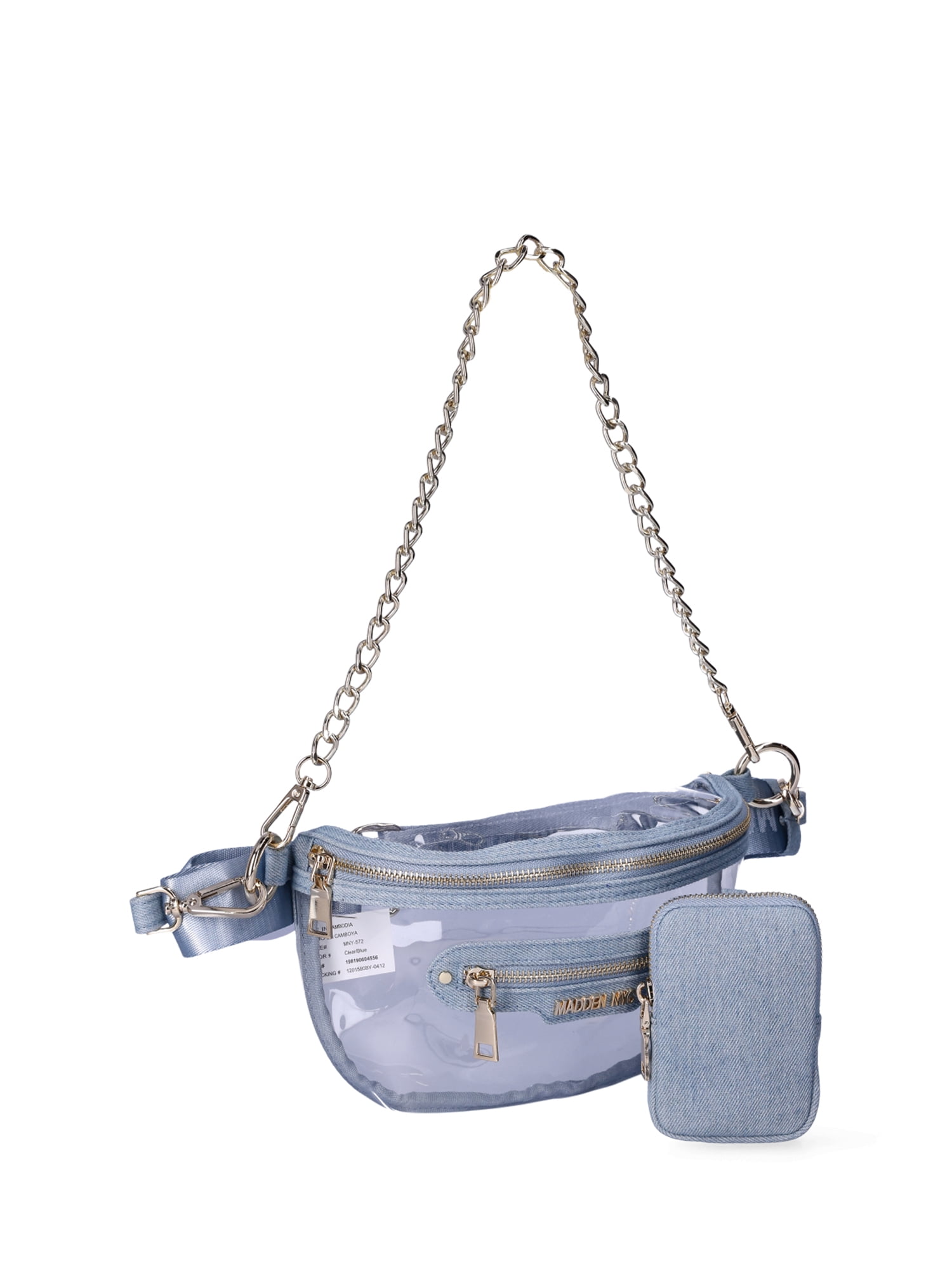 Madden NYC Women’s Clear Convertible Fanny Pack with Rhinestone Pouch, Denim