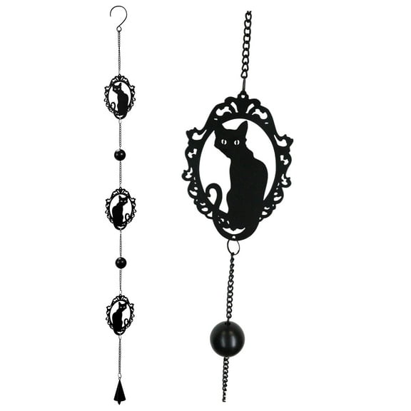 Wicca Witchcraft Black Cat Silhouette Black Coated Steel Metal Wind Chime Mobile