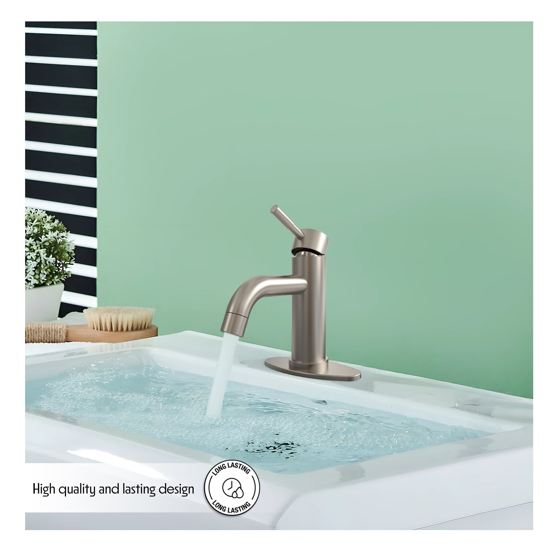 WMF-4316SS-S - Stainless Steel 4" Single Handle Lavatory Faucet, Bathroom Sink Faucet with Pop Up and Deck Plate, Brushed Nickel Finish