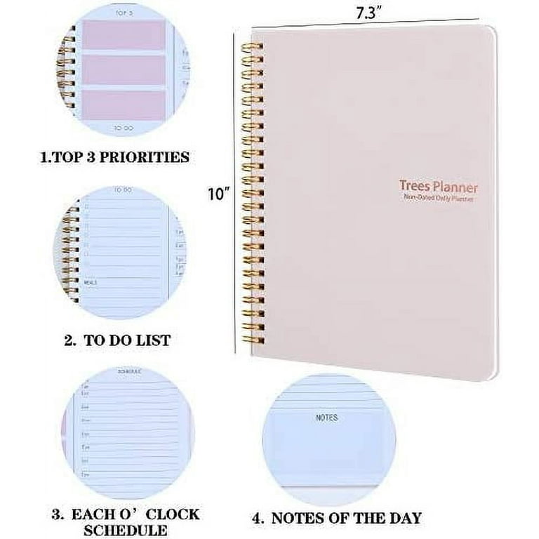KAICN Daily Planner - Hourly Schedules Agenda Appointment Planner Undated  with to-Do List, Meals, Notes 10×7.3, Flexible PVC Hard Cover, Twin-Wire
