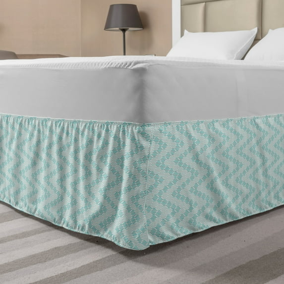 Abstract Bed Skirt, Repetitive Geometric Pattern with Shapes and Dots Funky Design Graphic, Elastic Bedskirt Dust Ruffle Wrap Around for Bedding Decor, 4 Sizes, Seafoam and White, by Ambesonne