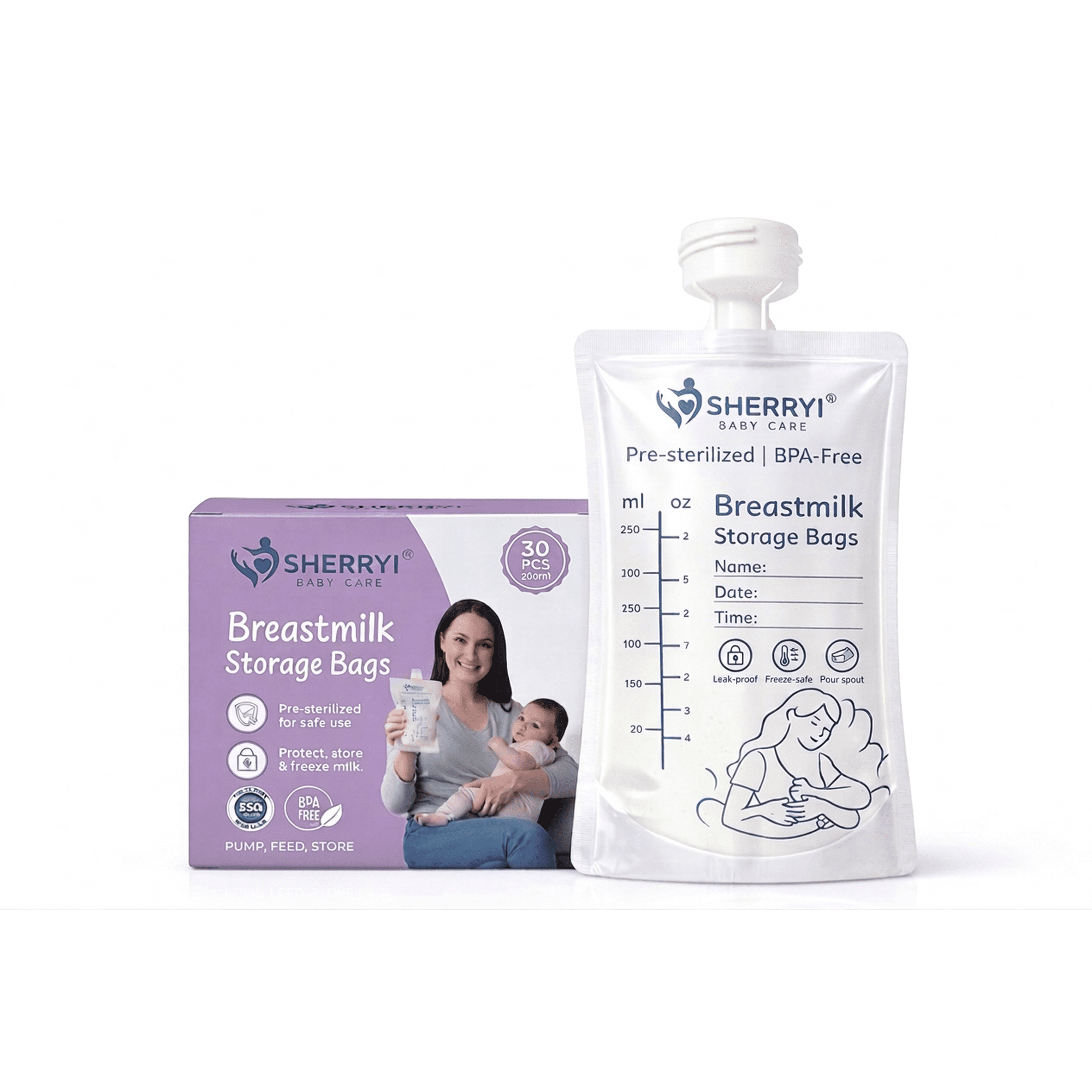 SHERRYI BPA-FREE PRE- STERILIZED BREAST MILK STORAGE BAGS WITH PUMP ADAPTER, 8 OZ, 30 COUNT