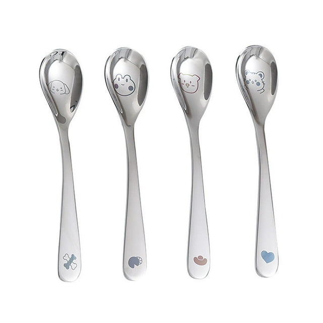 EeaseMX 4 cucharas de acero inoxidable para alimentación de bebés con patrón de dibujos animados para niños