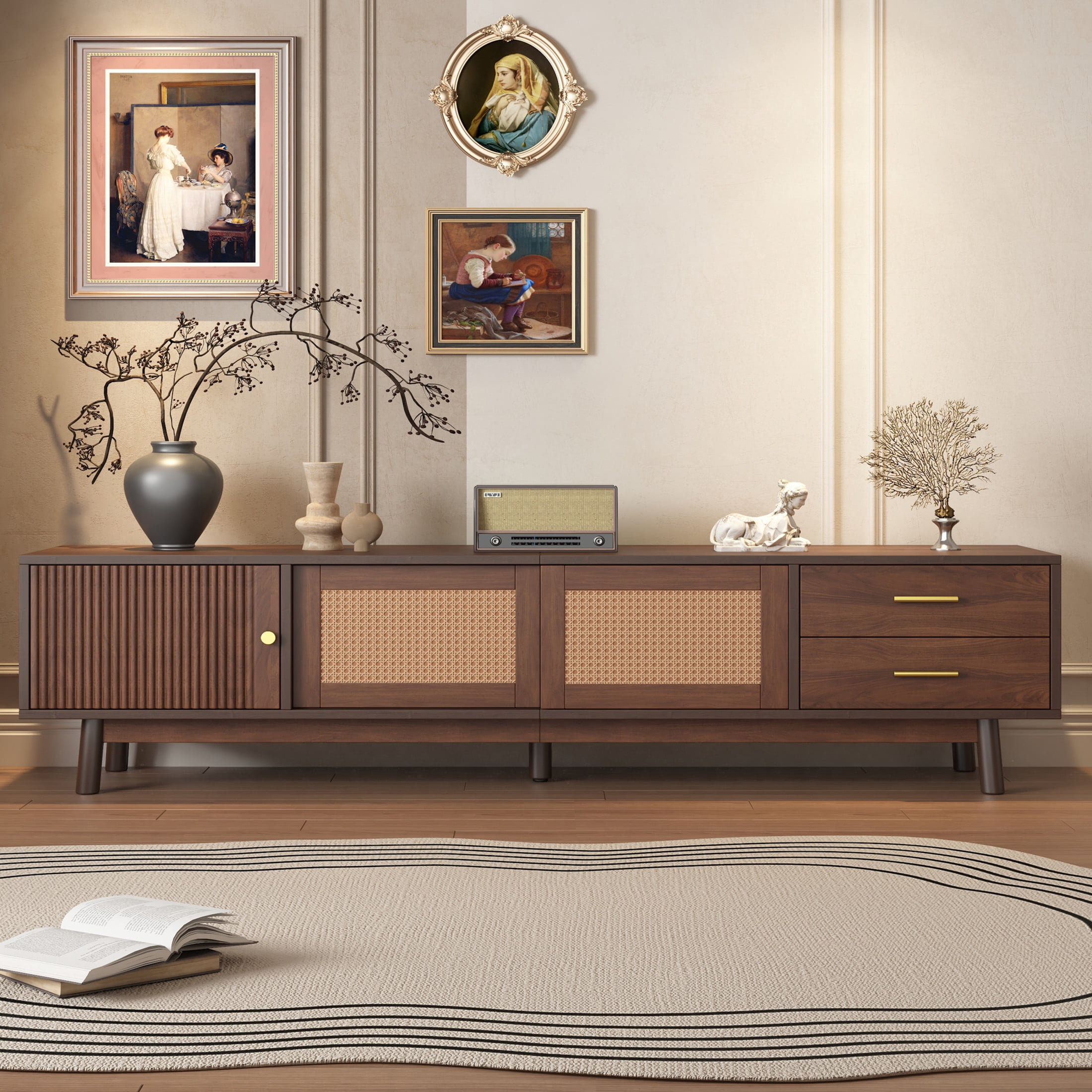 Noble House Mid Century TV Stand for TVs up to 80", Storage Cabinets and Drawers, Dark Brown