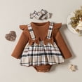 thumbnail image 2 of Staki Oversized Long Sleeve Bodysuit Baby Girl Ruffle Romper Dress Long Sleeve Letter Bowknot Doll Collar Bodysuit Skirt Cute Spring Clothes(Brown,6-9 Months), 2 of 6