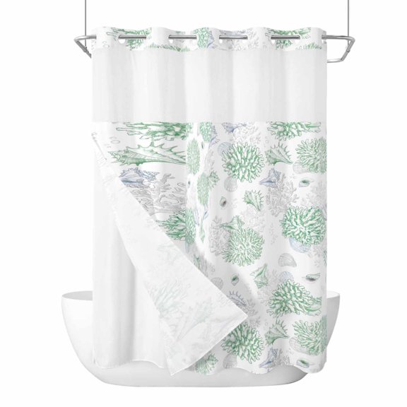 Green Gray Coastal No Hook Shower Curtain with Snap in Liner, Waterproof Fabric Shower Curtains, Summer Beach Ocean Coral Conch Shell Shower Curtain Set Top See Through for Bathroom 60"x72"