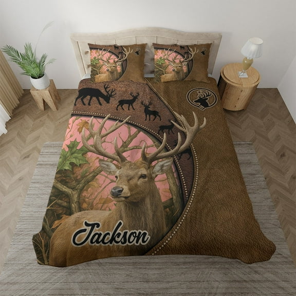 Personalized Name Deer Hunting Bedding Set – Deer Themed Bedding with Buck Silhouette and Forest Design – Rustic Lodge Style Bedding Set