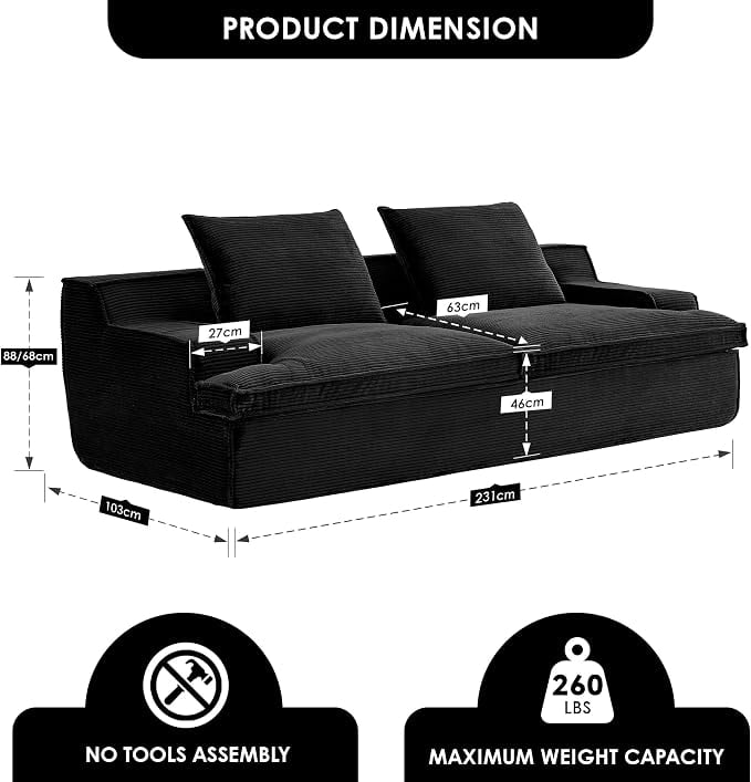 US Pride Oversized Full Foam 4 Seater Couch for Living Room Upholstered in Soft Corduroy Fabric