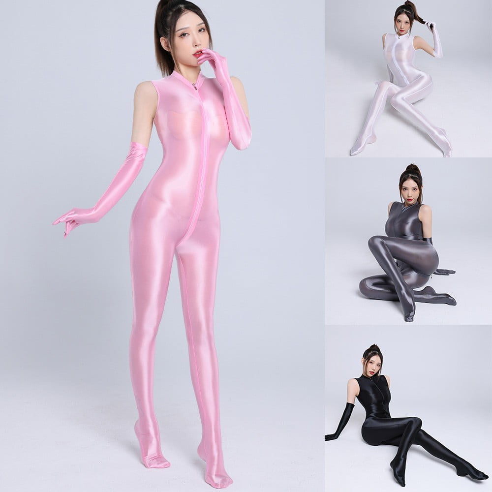 Womens Shiny Glossy Full Bodystocking Jumpsuit Catsuit Zipper Bodysuit w/  Gloves