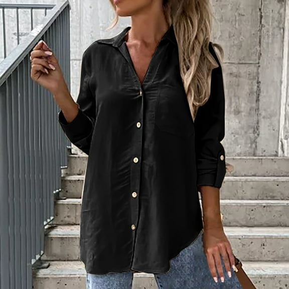 2025 Women's Sleeveless V Neck Button-Up Lapel Shirt - Solid Color Blouse, L, Black