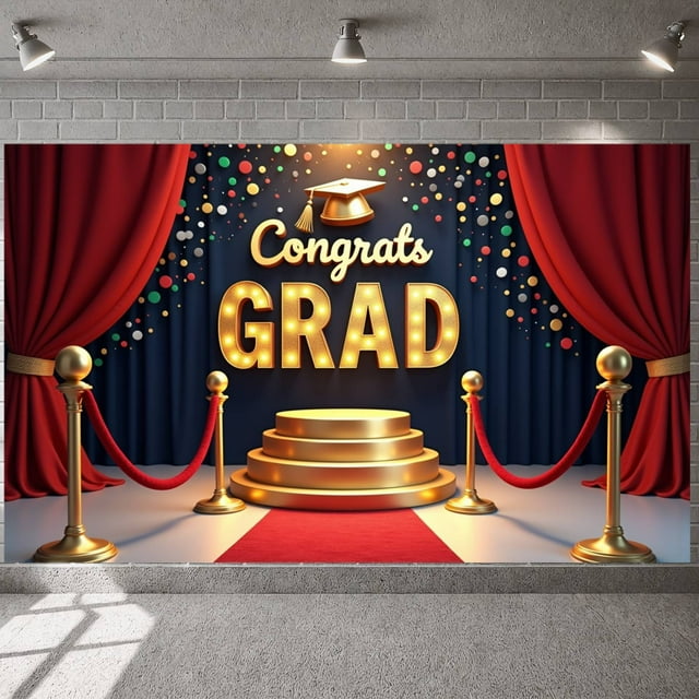 Gold Lettering Graduation Banner Graduation Cap Design Grad Display Colorful Polka Dots Red Curtain Accent Congrats Backdrop for Graduation Ceremony College Grad Party Graduation Photo Shoot
