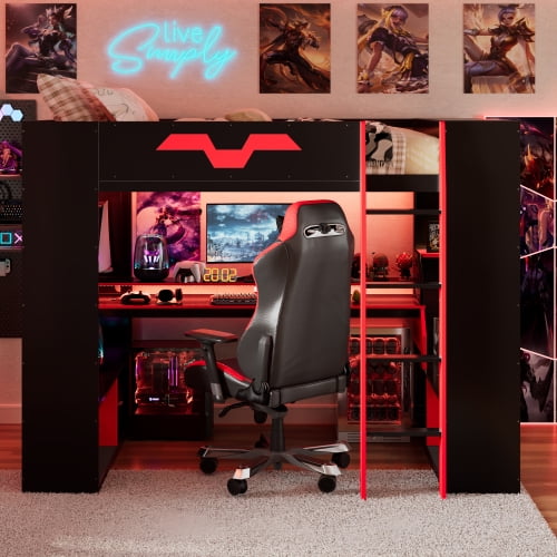Full Size Wood Loft Bed with Desk & RGB Lights, Gaming Loft Bed with Power Outlet & USB/Type-C Ports, Integrated Cable Management, Storage Shelves for Teens Adults,Red