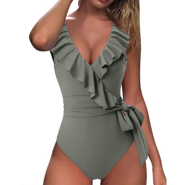 ZAXARRA Women Deep V-neck Padded Swimwear, Sleeveless Ruffled Hem Tummy Control One-piece Bathing Suit
