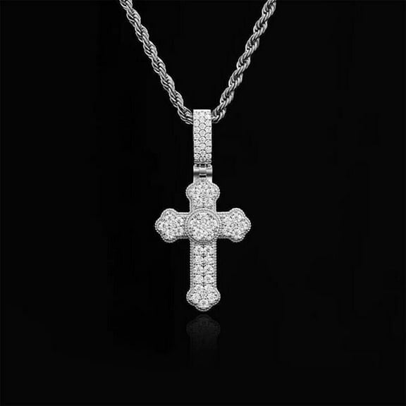 2Ct Round Cut Simulated Diamond Cluster Men's Cross Pendant 14k White Gold Plated 925 Sterling Silver