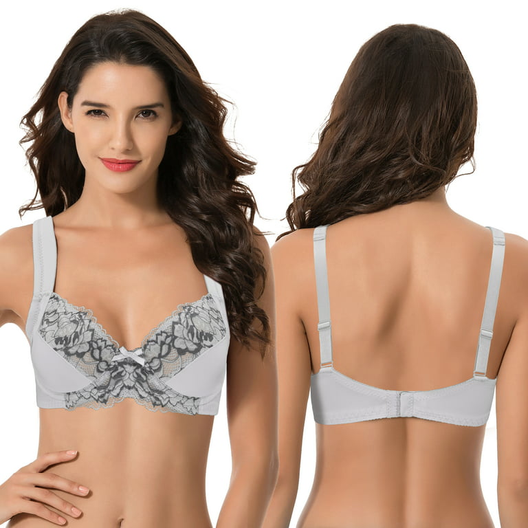 Curve Muse Women's Plus Size Unlined Underwire Lace Bra with Cushion  Straps-Light Grey,Navy-Size:48D