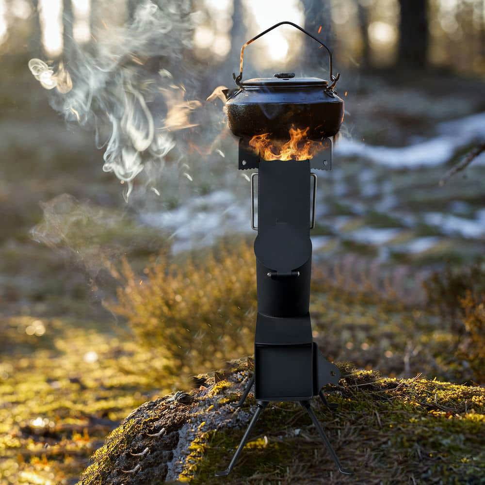 Barara King Outdoor Cooking Burner, Camping Stove, Foldable Camping Rocket Stove, Black, 9.44"D x 17"W x 22"H