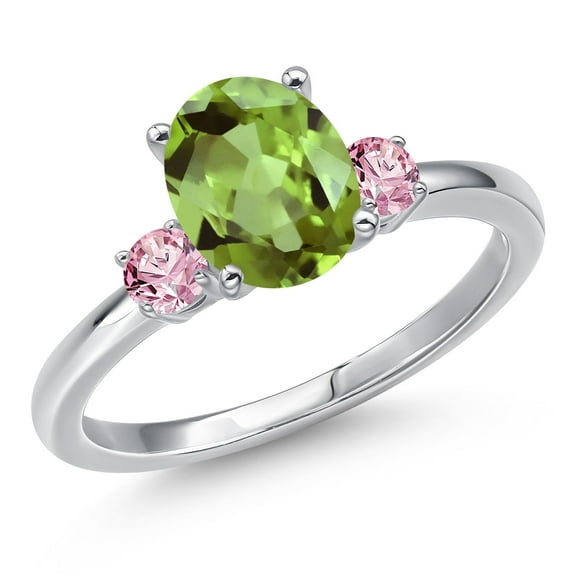 Gem Stone King 14K White Gold Green Peridot and Pink Lab Grown Diamond Engagement Ring for Women | 2.36 Cttw | Oval 9X7MM | Gemstone August Birthstone | Size 8