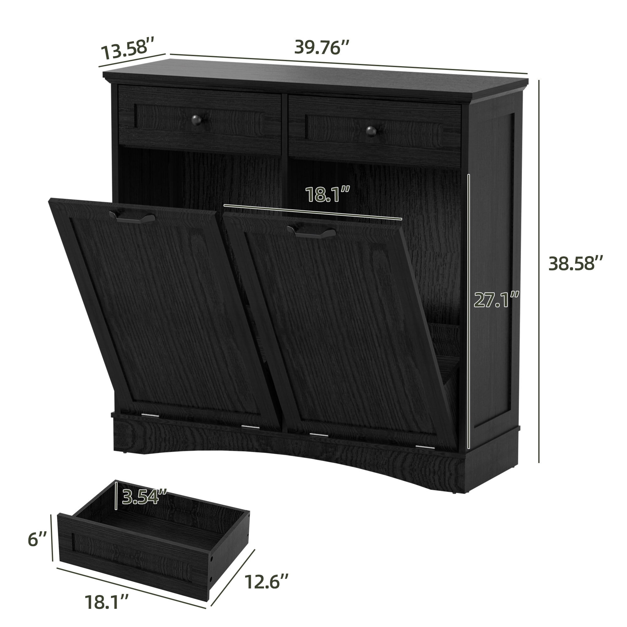 HARIPUL Double Tilt Out Trash Cabinet, 26 Gallon Trash Can Cabinet with Drawers & Handles for Kitchen, Black