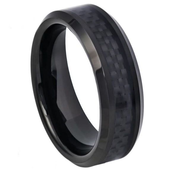 6mm Tungsten Carbide BHigh Polished Black IP Plated with Black Carbon Fiber Inlay Beveled Edge Wedding band Ring for Men and Ladies