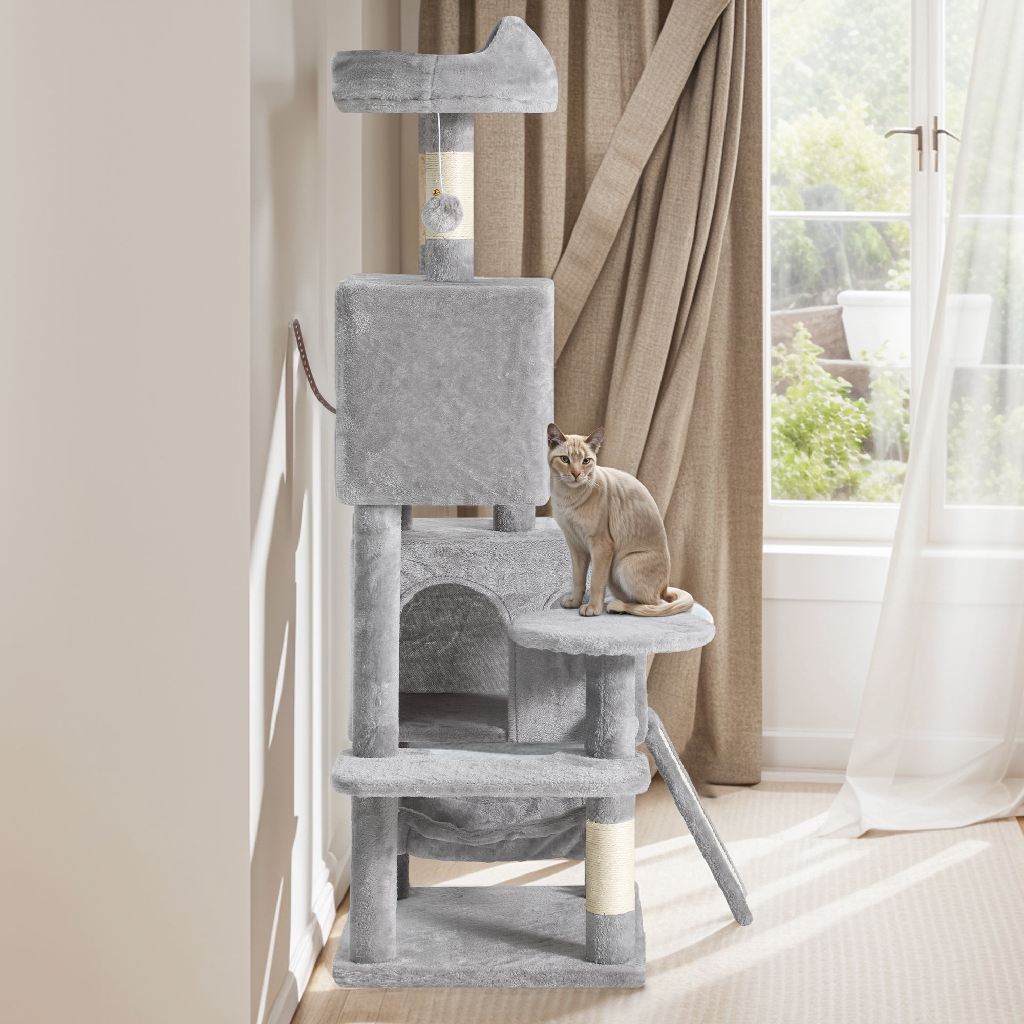 Uforic 54in Cat Tree Tower with Sisal Scratch Posts, Condo, Hammock in Light Gray