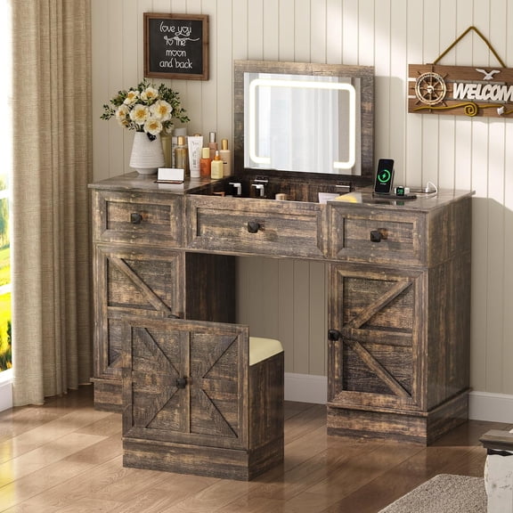 Gurexl 3-in-1 Vanity Desk with 3-Color Lights and Mirror,47.2" W Makeup Vanity Set with Charging Station,LED Compact Dresser-Vanity with 3 Drawers,2 Cabinets,Chair,Dressing Table for Bedroom