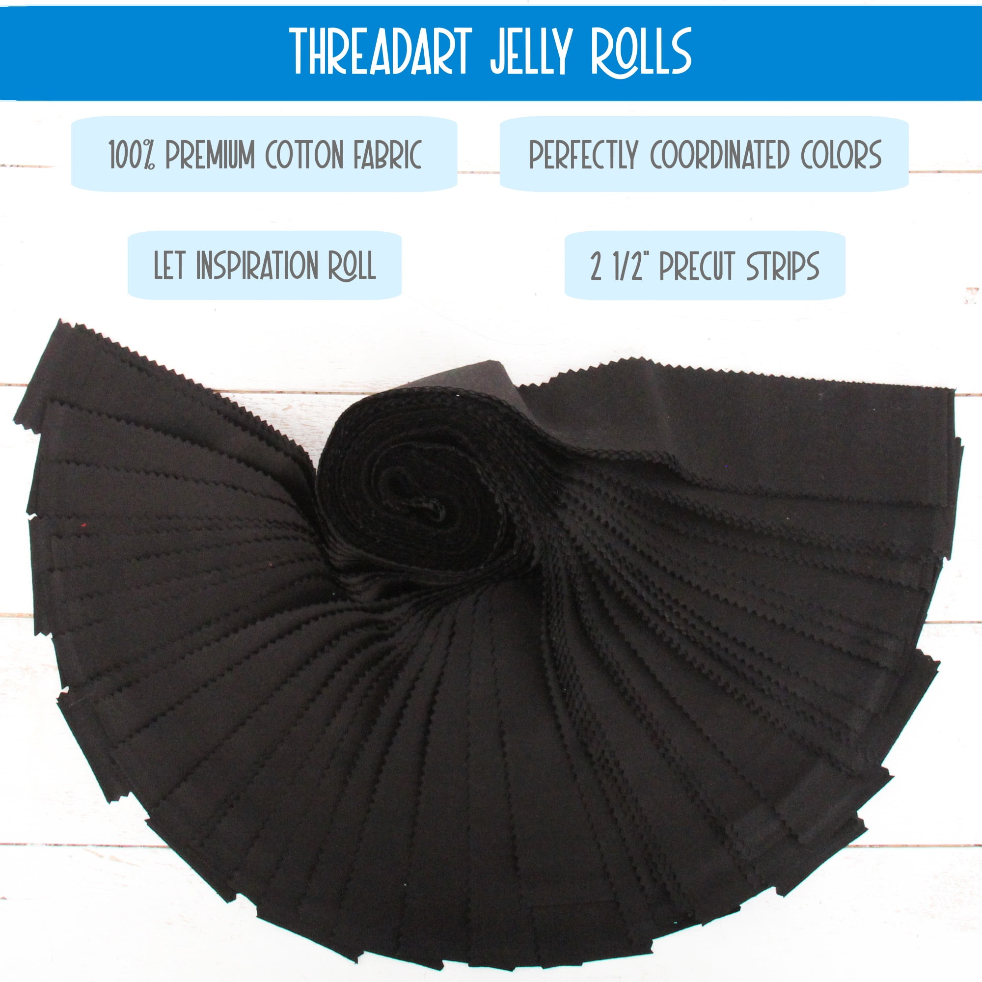 ThreadArt Jelly Roll Fabric Strips for Quilting, Crafting, and Sewing, 40 Precut Fabric Strips in Black, Premium Cotton for Quilts, Crafts, Rugs, Blankets, Clothing and More - Black
