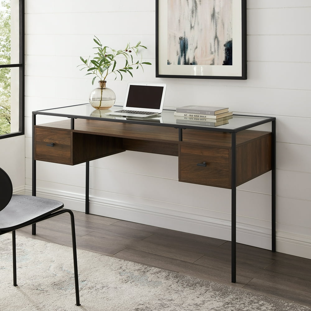 Carlisle Dark Walnut 2Drawer Glass Top Writing Desk by River Street