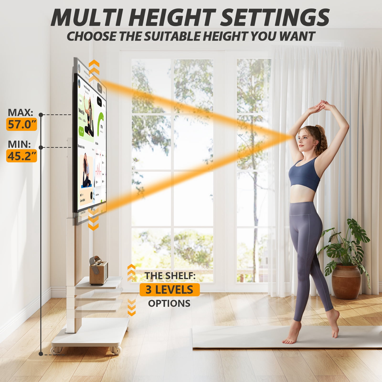 RTVR Rolling TV Cart Stand with Mount for 55 to 90 inch Screens, Heavy Duty Conner TV Stand with Shelves, White