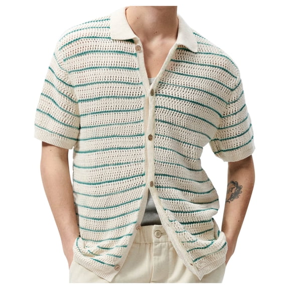 CHUOU T Shirts for Men Crochet Hollow Out Leisure Striped Button Down Short Sleeve Lapel See Through Top Vintage Streetwear