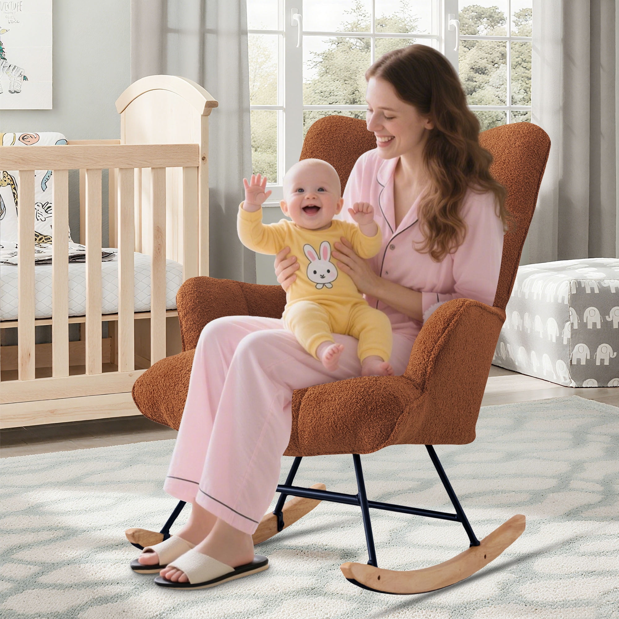 SAETSFEG Rocking Chair Nursery Teddy Upholstered Glider Rocker Rocking Accent Chair Padded Seat with High Backrest Armchair Comfy Side Chair for Living Room, Bedroom, Brown