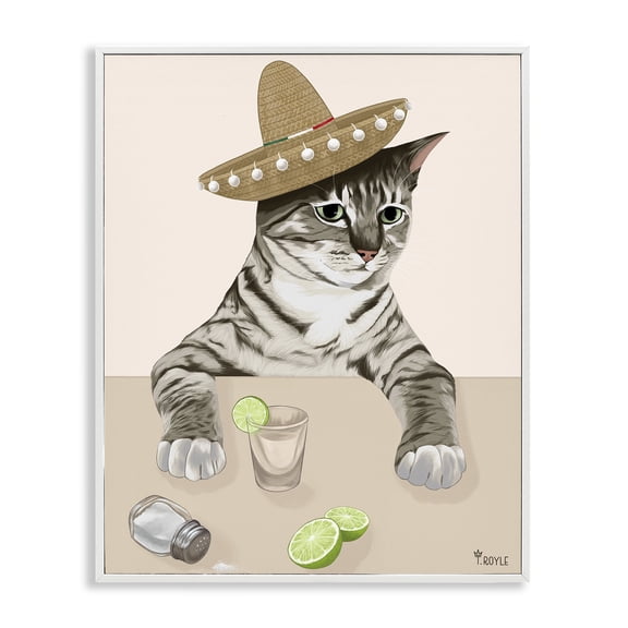 Stupell Industries Eclectic Sombrero Cat & Cocktail White Framed Giclee Art, 11 x 14, by Tara Royle