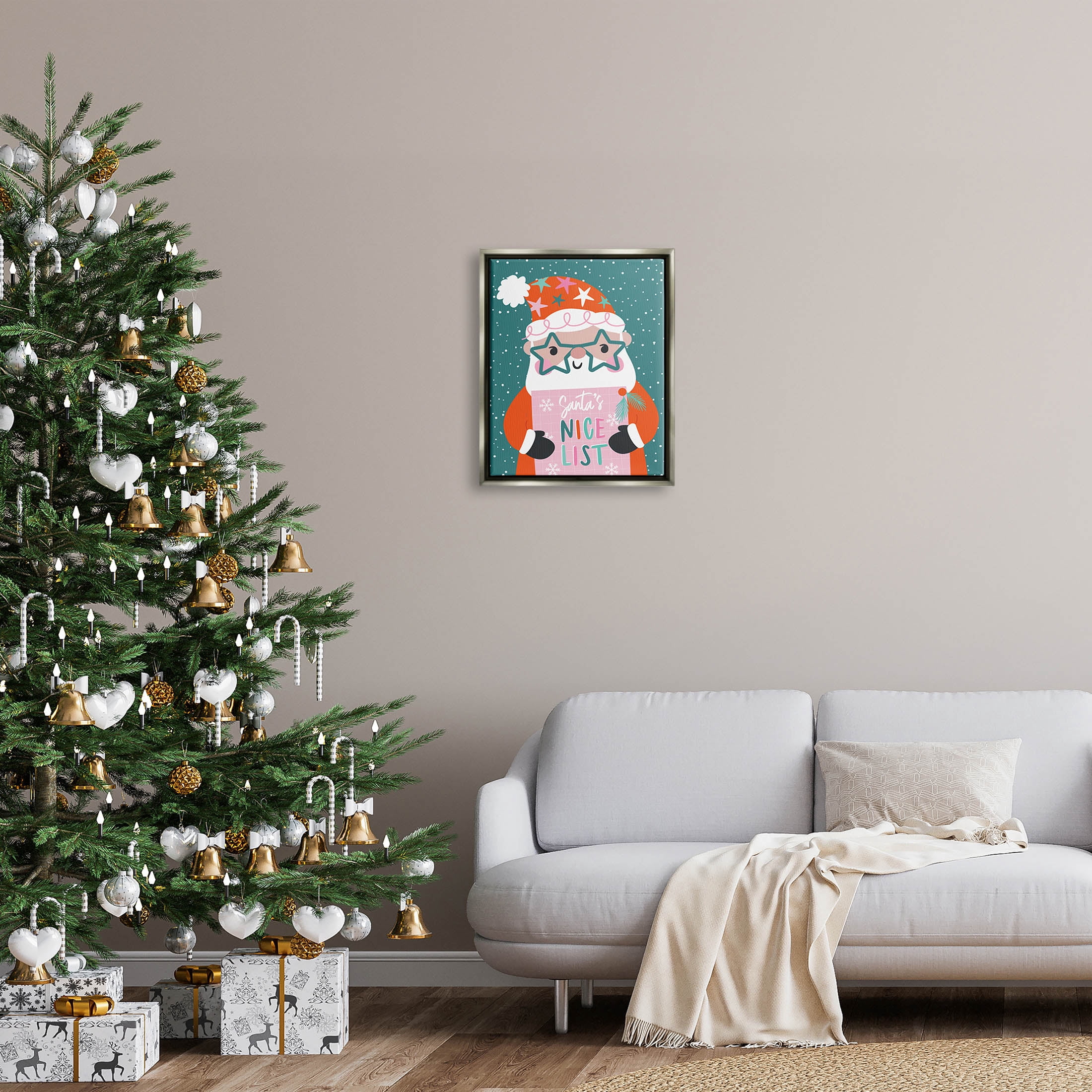 Santa's Nice List Falling Snow Holiday Graphic Art Luster Gray Framed Art Print Wall Art