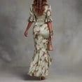 thumbnail image 6 of Green Floral Print Satin Mermaid Midi Dress With Ruched Body, V-Neck, Ruffle Sleeves And High Slit, 6 of 8