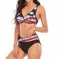 thumbnail image 3 of Defitshape Women's 2 Piece Swimsuit Bathing Suit Bikini V Neck Swimwear Mid Waisted Pad Shirred Tummy Control Printed Black American Flag Patterned1 Medium, 3 of 5