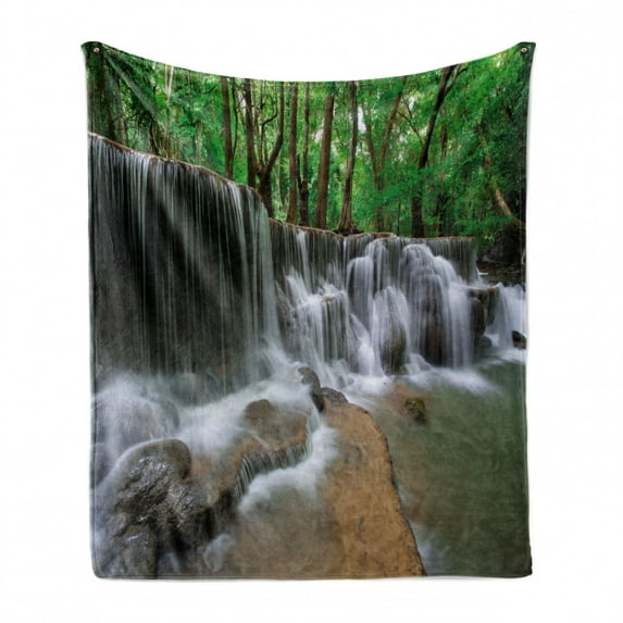 Nature Soft Flannel Fleece Blanket, Waterfall at Forest in Tropical Environment Unusual Woodland Scenery, Cozy Plush for Indoor and Outdoor Use, 70" x 90", Forest Green Brown White, by Ambesonne