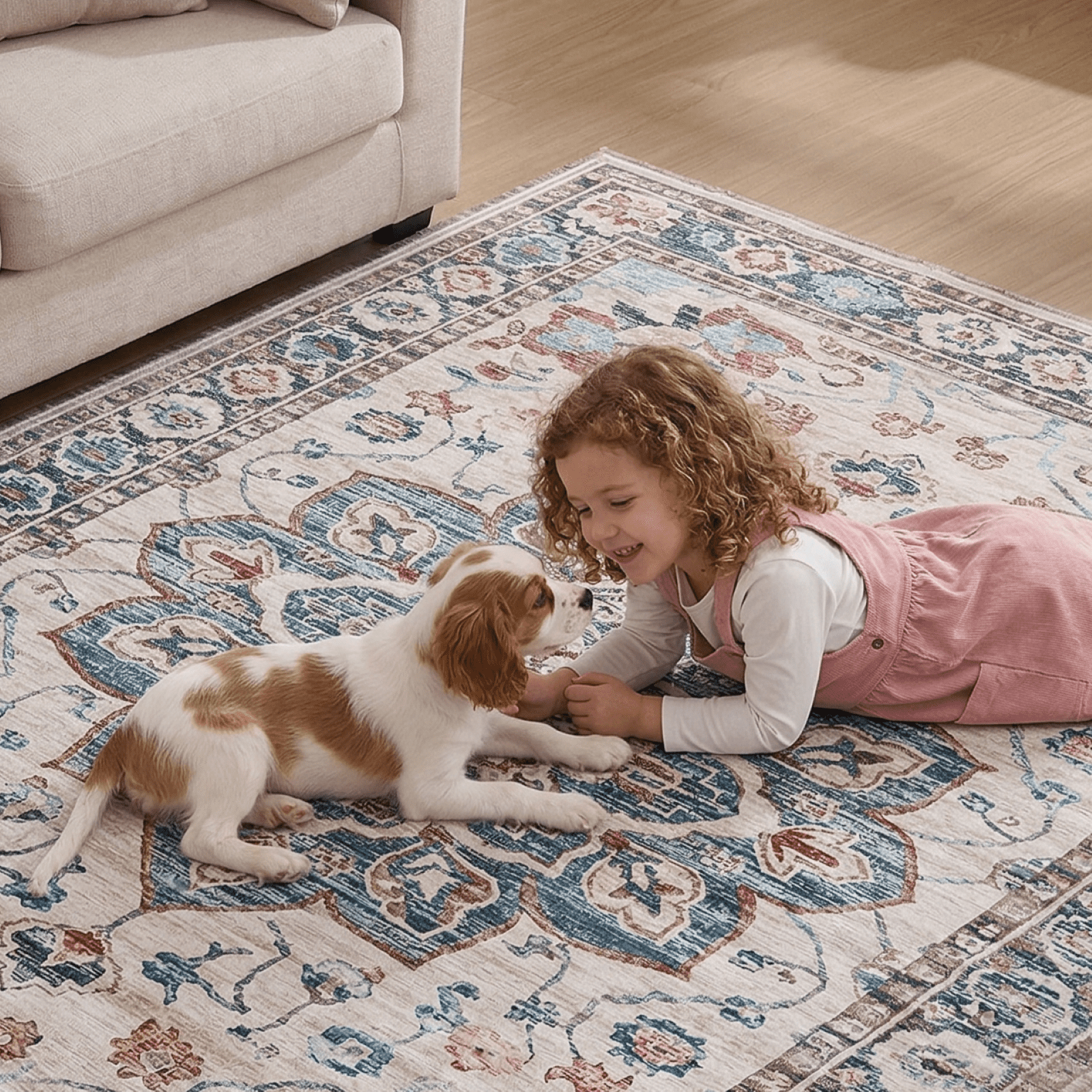 Kelno 8'x10'Area Rug Floor Mat Living Room Rug Washable Low Pile Indoor Carpet Vintage Non-slip Soft Rug,Blue&Red