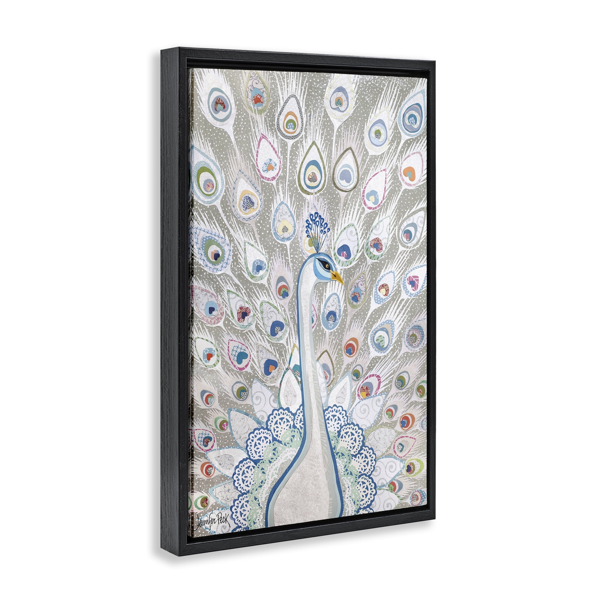 Stupell Industries Neutral Peacock Tail Pattern Animals & Insects Painting Black Floater Framed Canvas Art Print Wall Art, 17 x 25