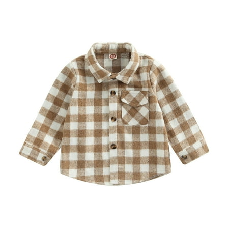 

JDEFEG Kid Tee Shirt Boy Toddler Baby Boys Girls Plaid Jacket Long Sleeve Lapel Button Pocketed Shirts Coats Shacket Cardigan Tops T Shirts for Boys Cotton Khaki 110