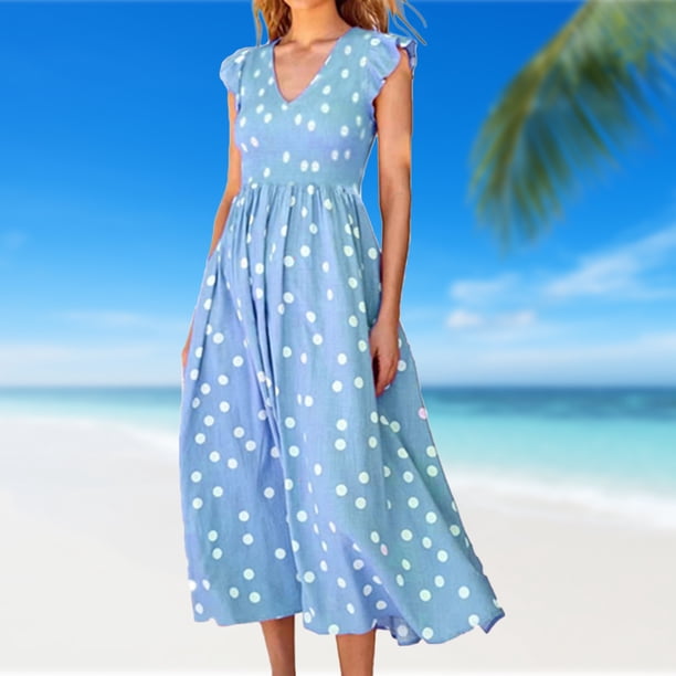 Vestido A Media Pierna Vestidos de playa para mujer Abrigo floral Cuello en V Moda fluida para ir de compras (Azul L) Ygjytge para Mujer Azul T L