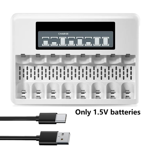8 Bay AA Batteries or AAA Batteries Smart  LCD Display Quick Independent Battery Charger for 1.5V Lithium Batteries with USB Cable