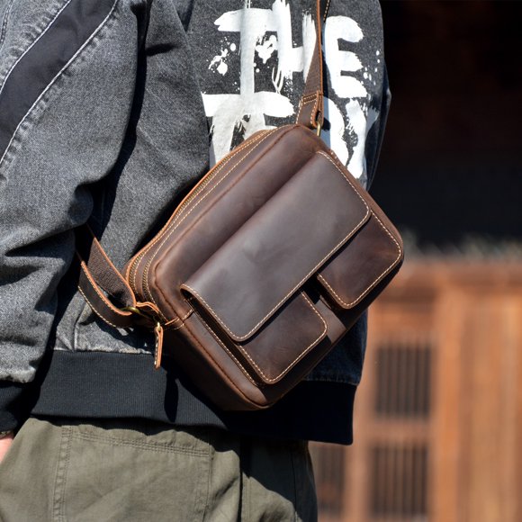 Crazy Horse Leather Simple Retro Messenger Bag Men's Shoulder Messenger Bag Casual Large Capacity Business Backpack Genuine Leather Bag Trendy