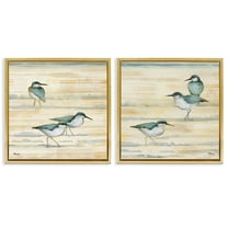 Stupell Industries Sandpipers Abstract Water Shoreline Animals & Insects Painting Gold Floater Framed Canvas Art Print Wall Art, 25 x 25, Set of 2