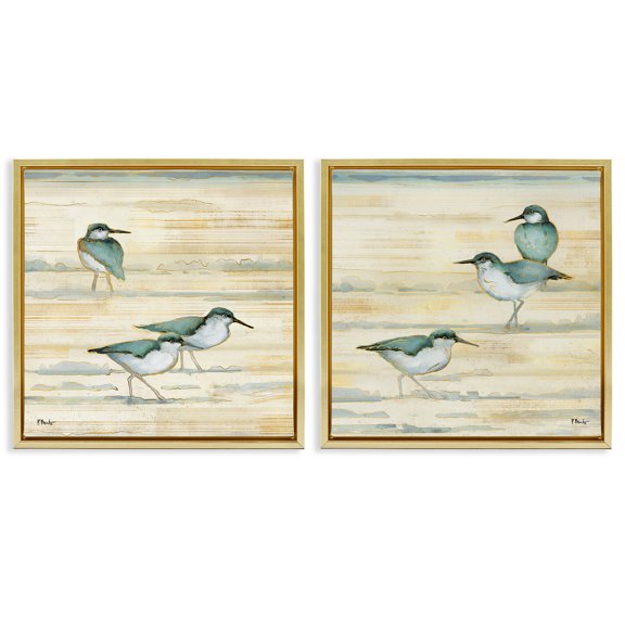 Stupell Industries Sandpipers Abstract Water Shoreline Animals & Insects Painting Gold Floater Framed Canvas Art Print Wall Art, 25 x 25, Set of 2