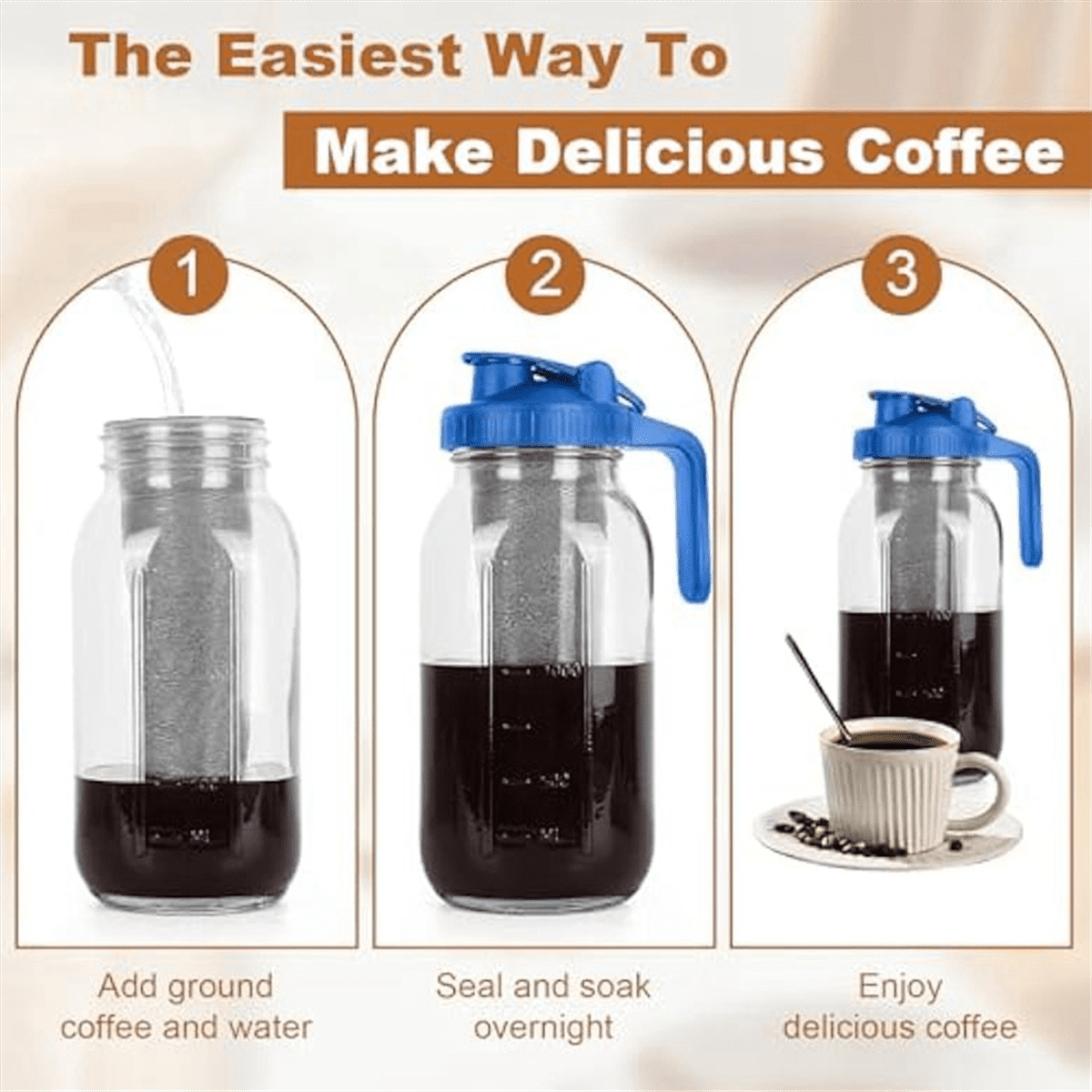 Cold Brew Coffee Maker,64oz Wide Mouth Jar Pitcher with Filter,Pour Spout Handle Lid,Leak-Proof Pitcher Glass Blue