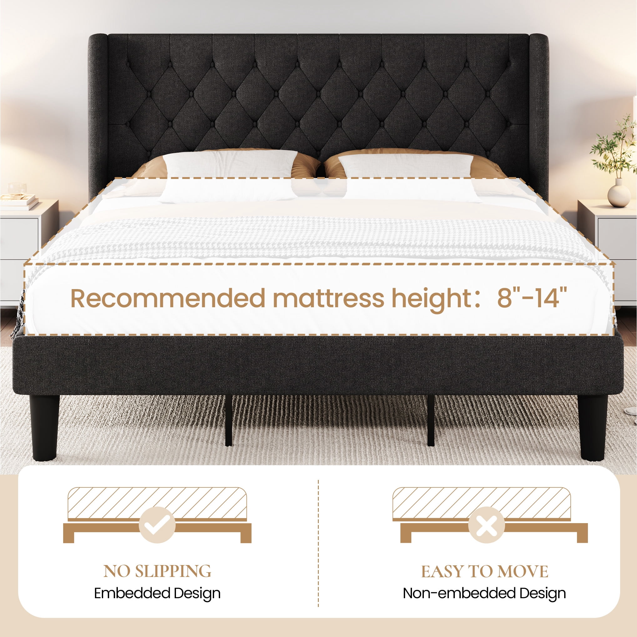 SHA CERLIN King Size Platform Bed Frame with Fabric Wingback&Tufted Upholstered Headboard, Dark Grey