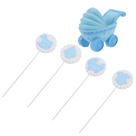 WORGEOUS 5Pcs Stroller Cake Topper Resin 6.5x1.6In Blue Baby Shower Cake Decoration
