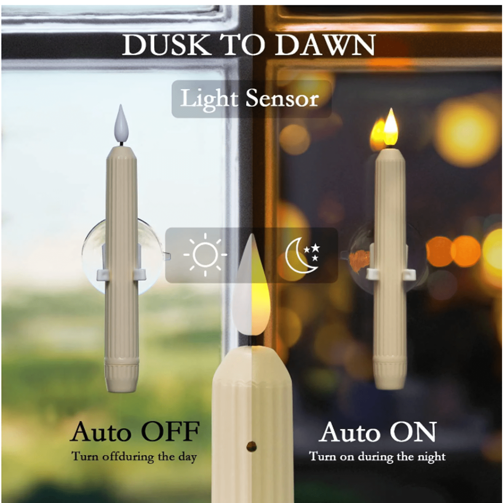 6 Pack 7Inch Battery Operated LED Window Candle, Flameless Candlesticks with Suction Cups, Dusk to Dawn Light Sensor, Black Plastic Base, Amber Flicker Flame